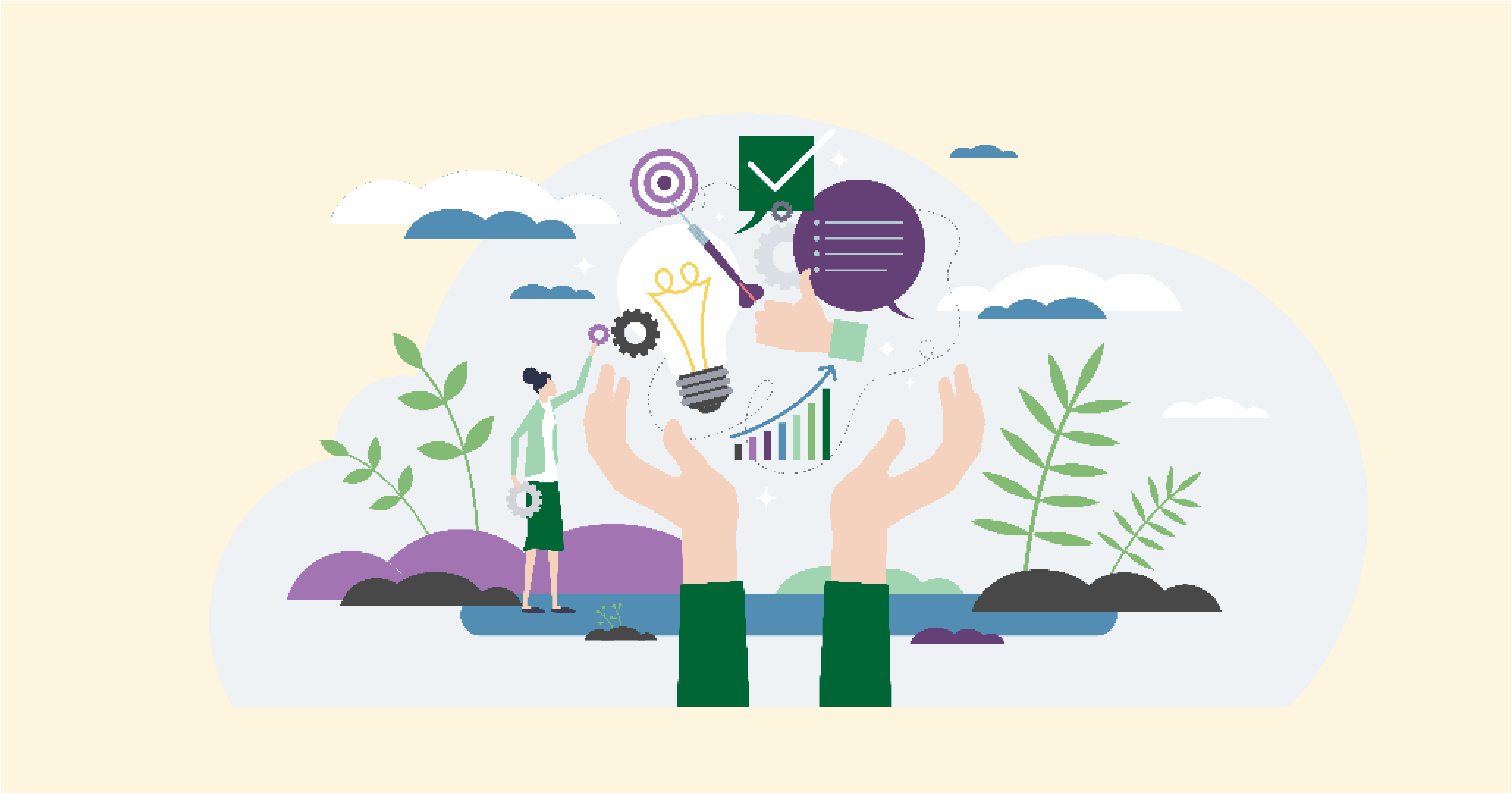 An abstract image of hands raised with floating icons (light bulb, gear, thumbs-up, target) above them, surrounded by plants and clouds.