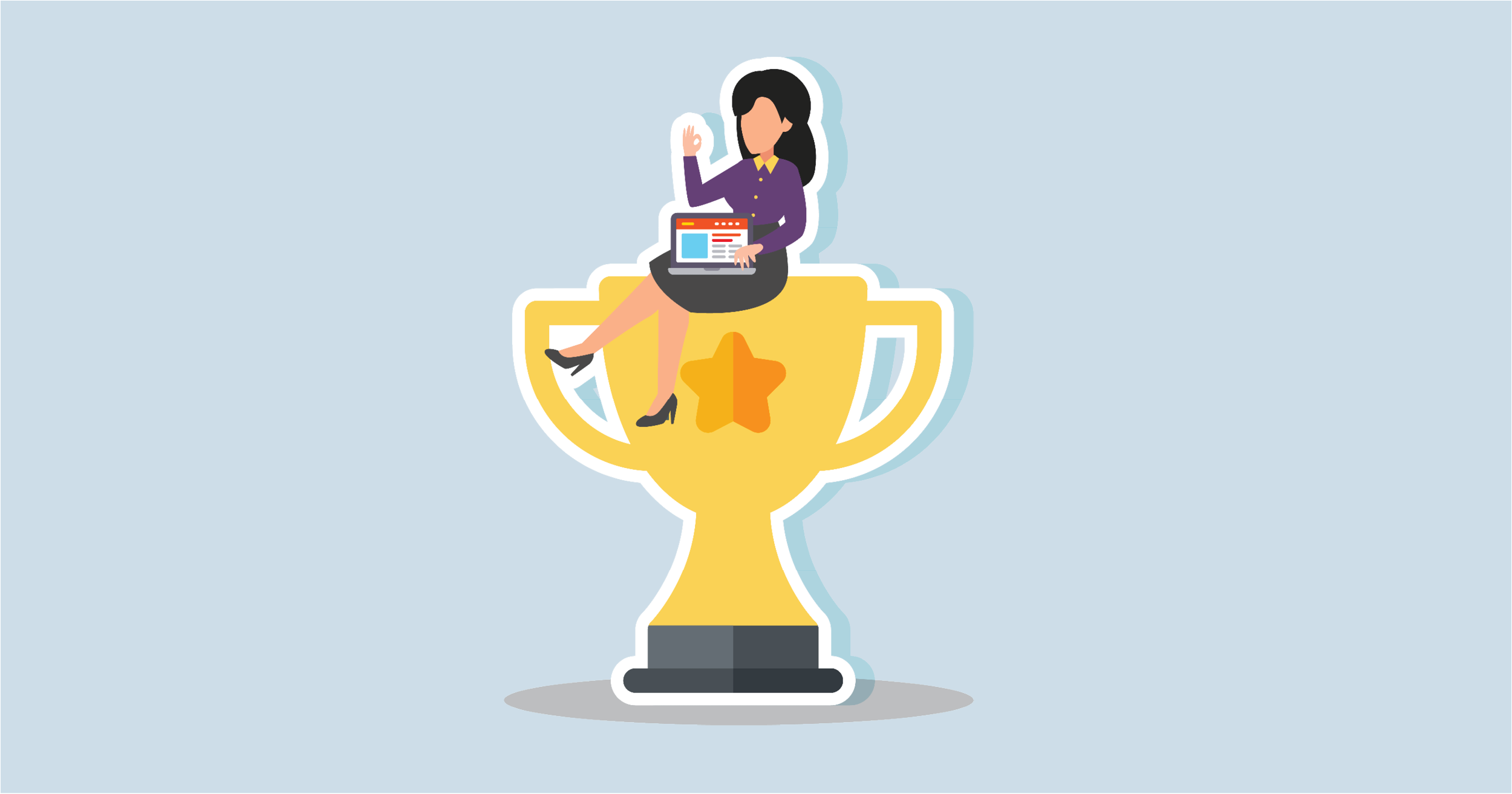 A large golden trophy with a star emblem on its main body. The trophy has a black base and is centered on a light blue background. Sitting atop the trophy is a female figure with long dark hair, wearing a purple top and a gray skirt.