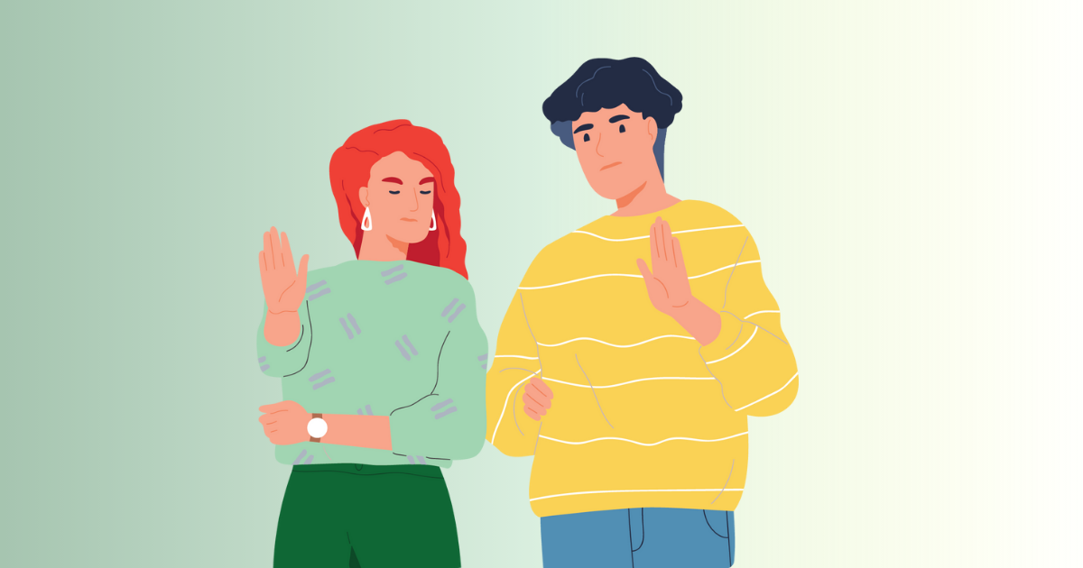 Two illustrated individuals raising open palms as a gesture, against a light gradient background.
