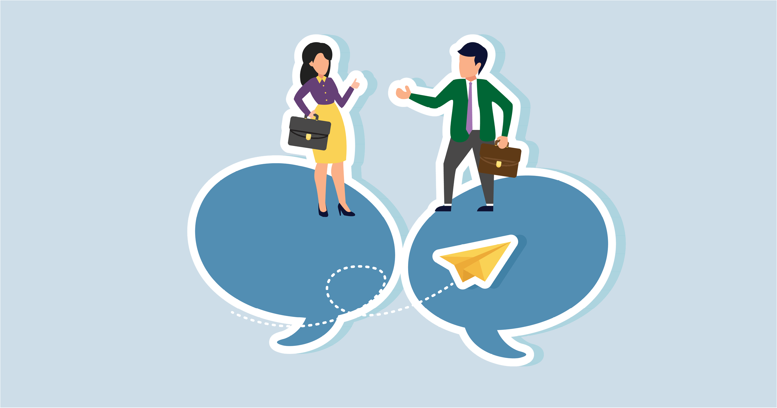 A man and woman stand on overlapping blue speech bubbles, representing conversation and dialogue.