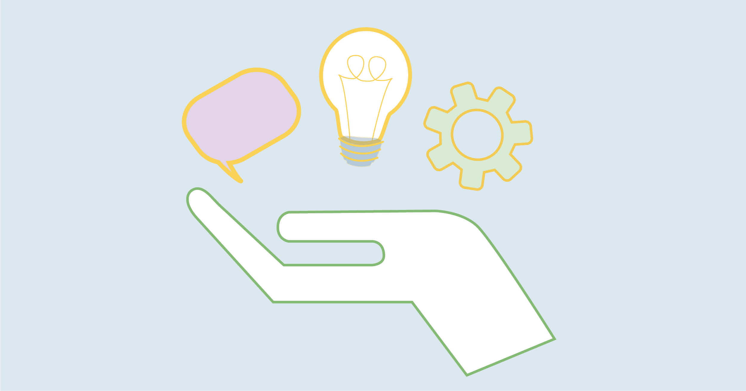 Against a light blue background, there is a white hand, palm up, with three icons hovering over it: a speech bubble, a light bulb and a gear. These represent aspects of executive functioning.